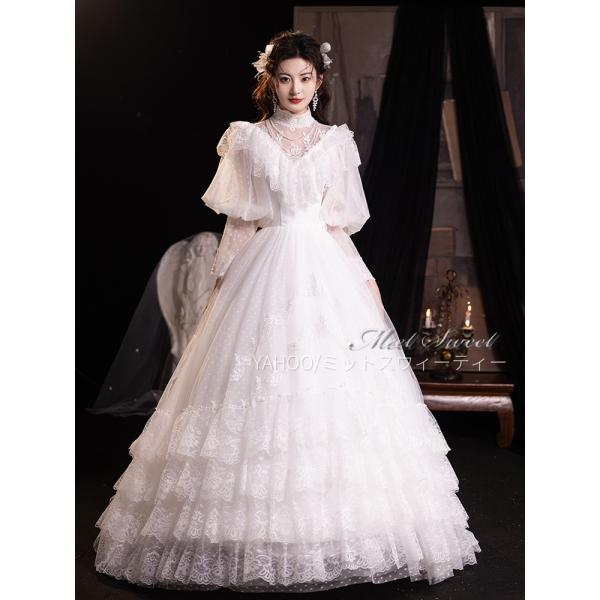 ⭐︎美品⭐︎フリルハイネックパフスリーブクラシカル ウェディングドレス　カップ付き フリルハイネック パフスリーブクラシカルウエディングドレス