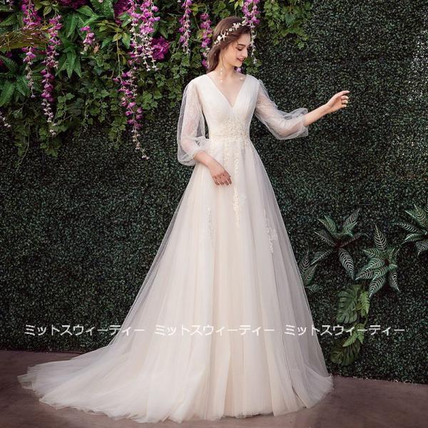 ウエディングドレス 花嫁 ロングドレス 長袖 結婚式 二次会 aラインドレス ブライダル パーティードレス 披露宴 演奏会 シャンパン裏地 オフホワイトチュール