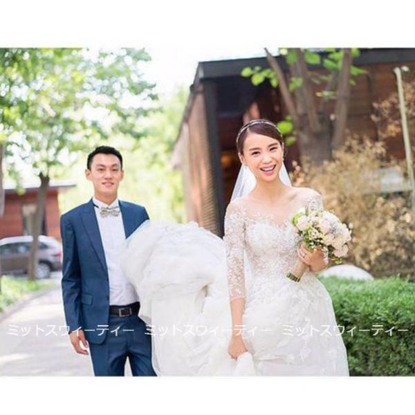 ウェディングドレス 花嫁 一部予約 二次会 ウエディングドレス 結婚式 ロングドレス Aライン チュール 6分袖 トレーン 編み上げ 披露宴 大人 海外挙式 レース ブライダル