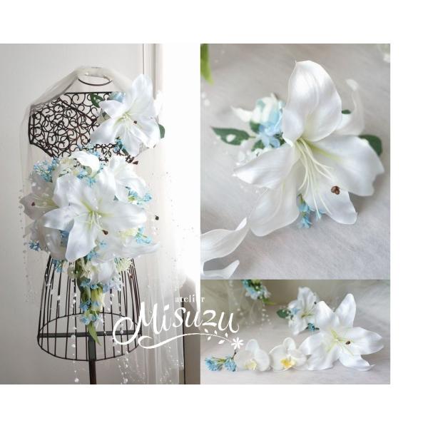 ◆商品説明◆洗練されたカサブランカとバラのキャスケードブーケをWEB価格で！ウェディングブーケの王道！前撮りや海外挙式にも！■ブーケのサイズ：長さ約45センチ■ブトニアのサイズ：約縦12-14センチ【ウェディング　アートフラワー　造花　キャ...