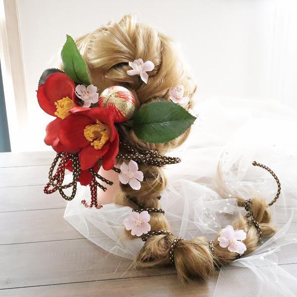 和装髪飾り　椿ブーケアレンジ　 やぶ椿(赤)＆桜 和紐 髪飾り 成人式 ヘアアレンジ自在 和装 袴ヘア