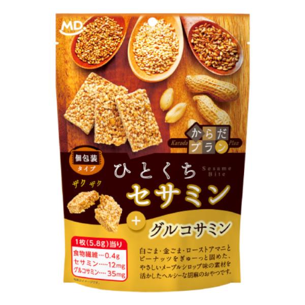 白ごま・金ごま・ローストアマニとピーナッツをぎゅーっと固めた素材を活かしたカラダにやさしいヘルシーなごまのおやつです。グルコサミンが豊富で、おいしさに健康をプラスします。