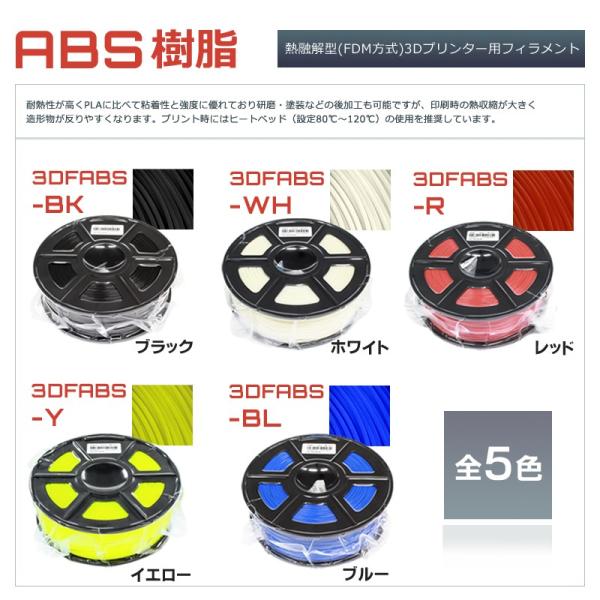 3Dプリンターフィラメント ABS樹脂 1.75mm ５色からお好きなカラーを選べます