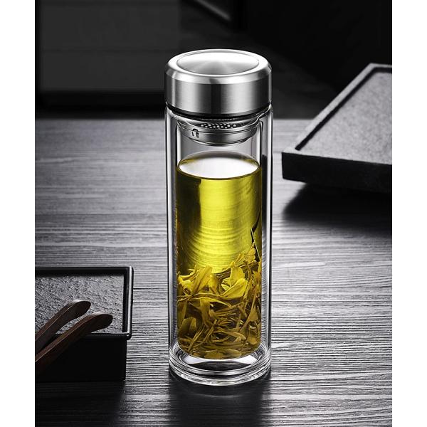 ガラス製 二重構造 ティーボトル 1000ml 耐熱 茶こし付き ポータブル マグ オフィス用 ギフト