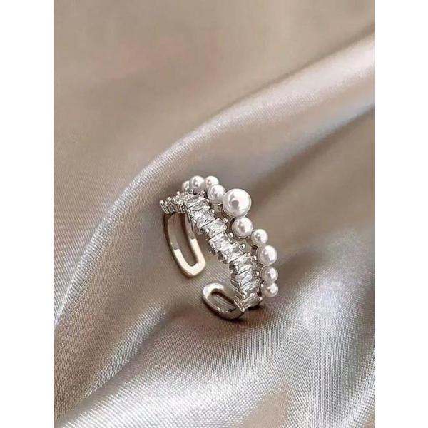 1個 ミニマリストシック ジルコニア フェイクパール 二重層 シルバーリング、バーサタイル繊細ブティックデザイン オープンリング、女性の日常的または祝祭的な装いに適しています