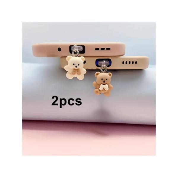 iphone LightningおよびType-Cオーバルインターフェースの電話と互換性のある新しいアクリル2Dフラットダストプラグ2個セット カップル熊 キャラクター ラブスト
