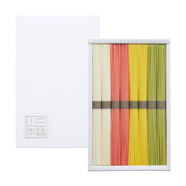 梅・柚子・抹茶の彩りを添えた華やかな色のそうめんです。