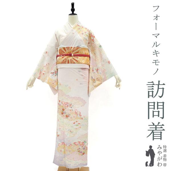 訪問着 着物 袷 薄桜色 淡ピンク ぼかし 花古典 雲 雪輪 桜 洗える着物 