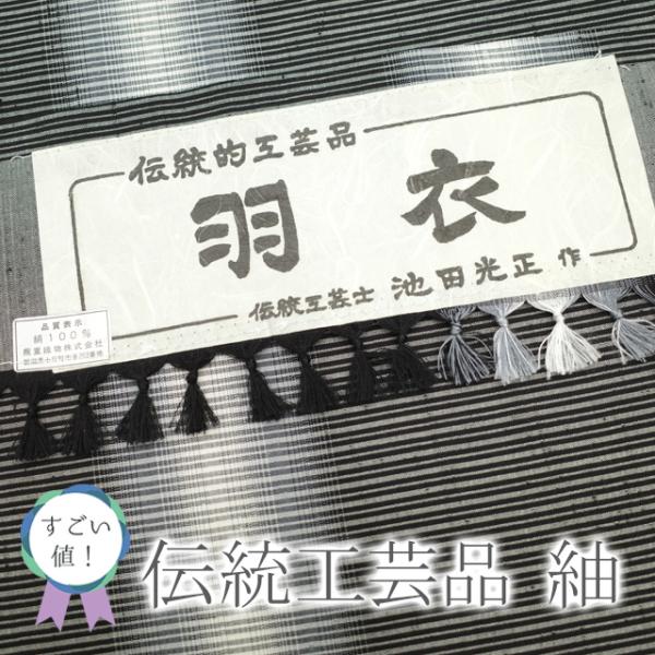 すごい値！ 紬 袷 着物 伝統工芸士 池田光正 蕪重織物 十日町 羽衣 黒地 縞 新古 仕立て上がり 身丈159 裄64.5 Ｍ みやがわ nek00362 すごい値！ 紬 袷 着物 伝統工芸士 池田光正 蕪重織物 十日町 羽衣