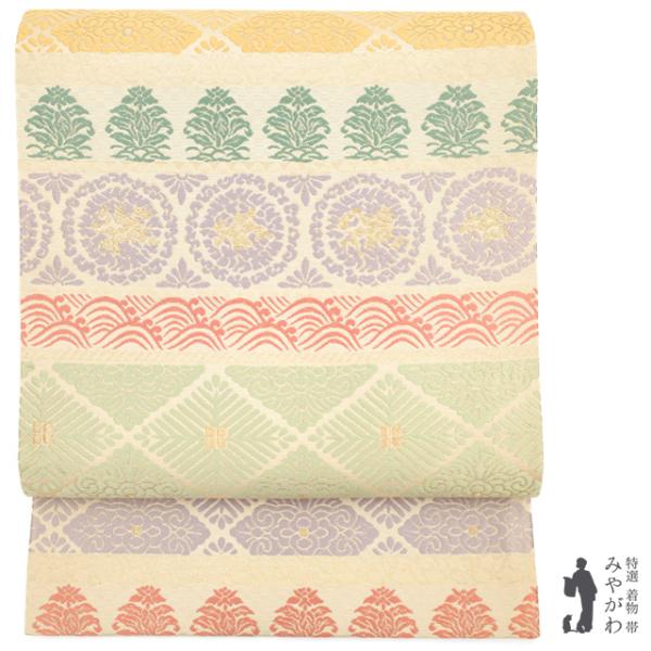 袋帯 19800円均一 京都 西陣 正絹 ベージュ 名物裂 草花 菱 波 金箔糸  