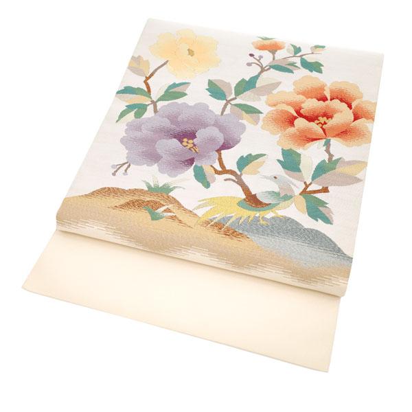 半額／で￥19800→9900 名古屋帯 八寸 綴れ ホワイトグレー 牡丹 鳥  