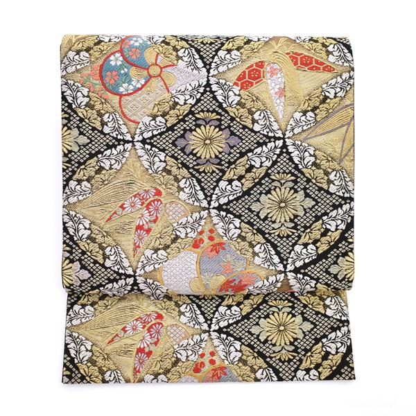 上質 新古品 袋帯 19800円均一 京都 西陣 金箔糸 金糸 黒 七宝繋ぎ 捻  