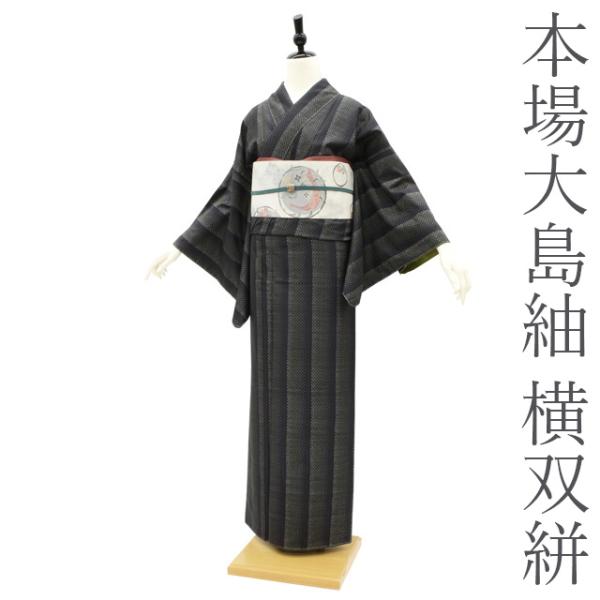 本場大島紬 袷 着物 古代草木泥染 横双絣 黒地 奄美の詩 正絹 絹 中古