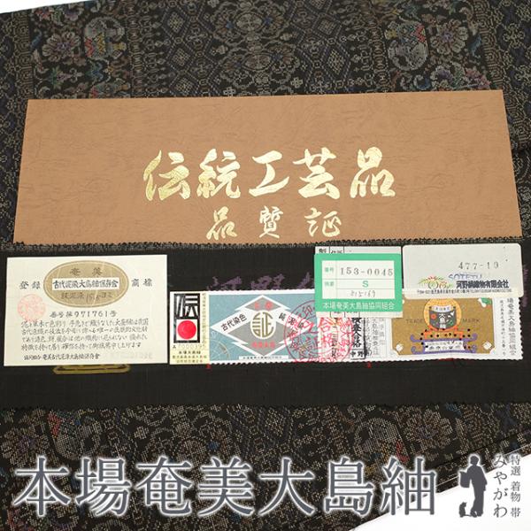 本場奄美大島紬 袷 着物 古代染色純泥染 ７マルキ カタス式 黒こげ茶 