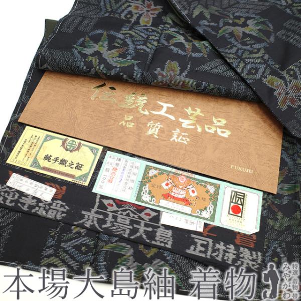 本場大島紬 袷 着物 織絣 横双 手織り 正絹 黒 花 笹 色紙文様 本場大島紬 袷 着物 織絣 横双 手織り 正絹 黒 花 笹 色紙文様