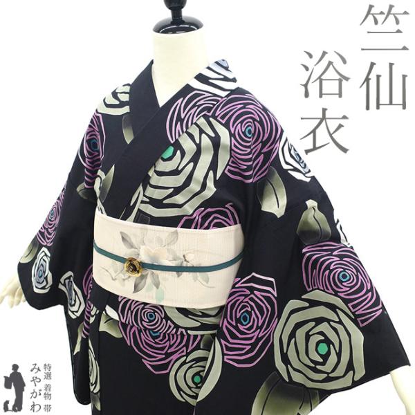 夏物 浴衣 未使用 竺仙 鑑製 注染 ゆかた 木綿 綿 黒 バラ 手縫い