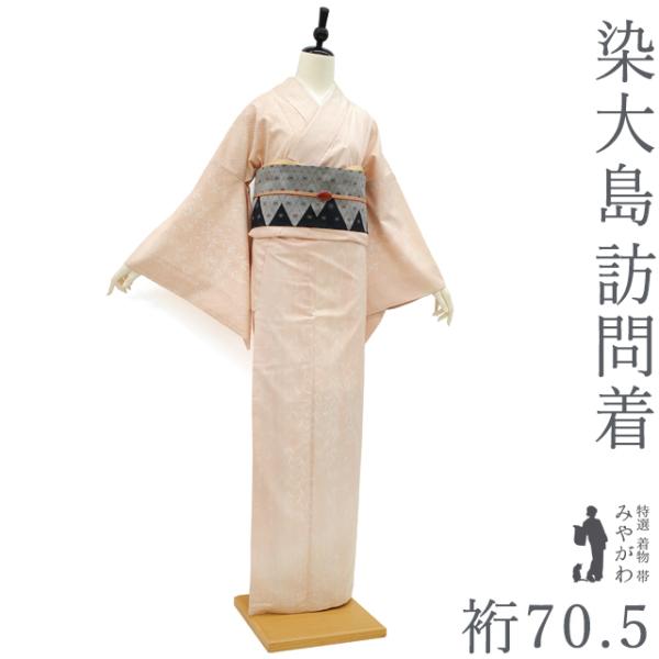 本場大島紬 訪問着 着物 染大島 正絹 袷 薄サーモンピンク 柳 春 秋 冬