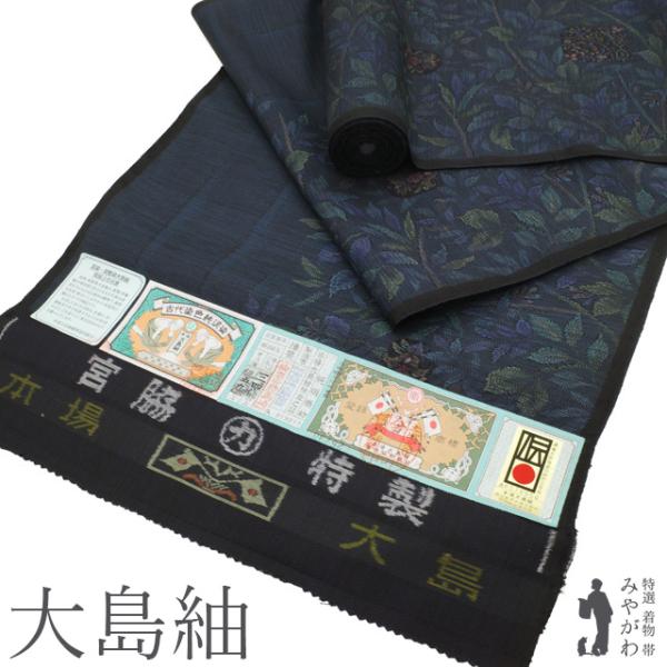 本場大島紬 黒 葡萄唐草 大きいサイズ 正絹 中古 横双絣 №ymk0118 本場大島紬 黒 葡萄唐草 大きいサイズ 正絹 中古 横双絣 №ymk0118 本場