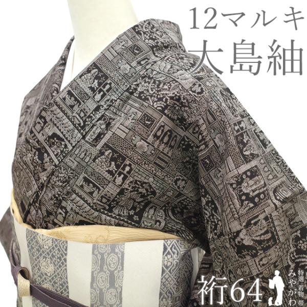 本場大島紬 着物 未使用 正絹 大島紬 袷 十八算 12マルキ コプト文様