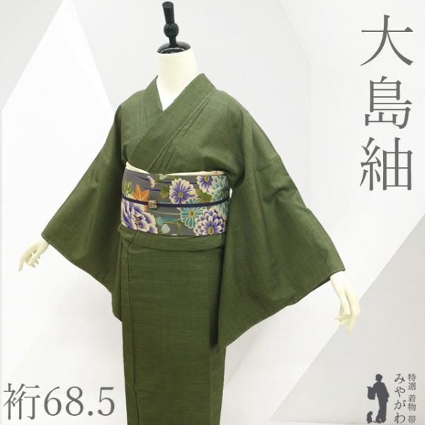 本場大島紬 着物 未使用 正絹 袷 大島紬 9マルキ 茶緑 無地