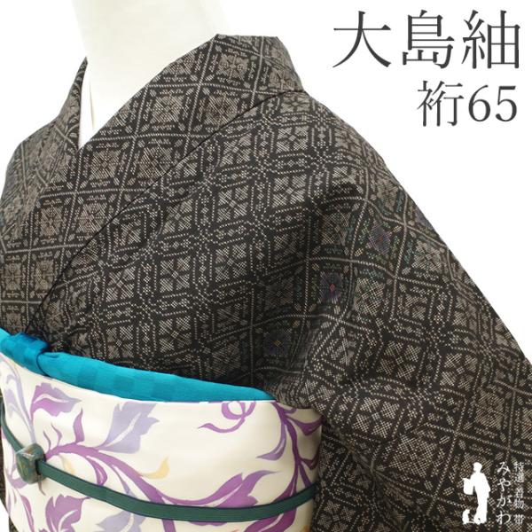本場奄美大島紬 袷 着物 未使用 正絹 こげ茶 花七宝 美品 新古品 仕立て上がり 身丈162 裄丈65 ややふくよか Ｍサイズ みやがわ sb17468
