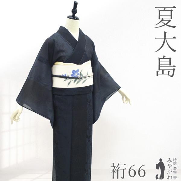 ネ*ネ様 ■E6579■美品■正絹■黒×藍色　夏大島紬　単衣　着物■丈163　裄 夏物 夏大島 着物 単衣 未使用 正絹 紗紬 十日町 黒 紺 葉 実