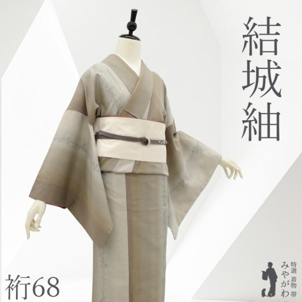 結城紬 袷 着物 リサイクル 正絹 薄茶 グレージュ 蔦 ぼかし縞 100亀甲 織り 中古 仕立て上がり 身丈166 裄丈68 Ｌサイズ みやがわ sb18193
