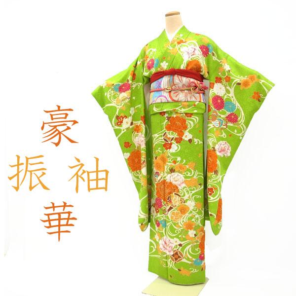 半額／で￥36300→18150 振袖 スプリンググリーン 花古典柄 中古 