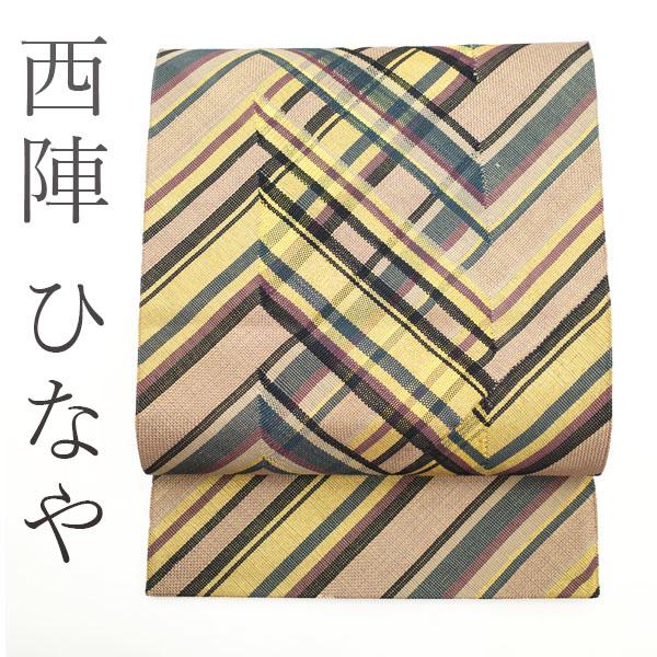 袋帯 京都 西陣 ひなや くむ・あむ・おる 金糸 ベージュローゼ 黒 青緑  