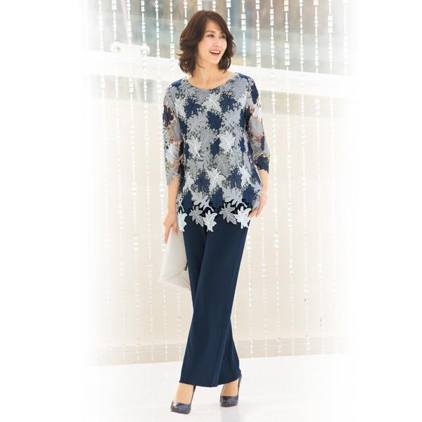 セットアップ コーデ ブラウス レディース 配色総レースブラウス ジャージーパンツセット 40代 50代 60代 70代 ミセスファッション シニアファッション 京都通販 ミセスのファッション館 通販 Yahoo ショッピング