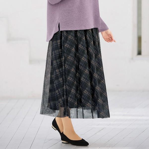 スカート ボトムス レディース 春 秋冬 チェック柄チュールスカート 40代 50代 60代 70代 ミセスファッション シニアファッション 服 京都通販 ミセスのファッション館 通販 Yahoo ショッピング