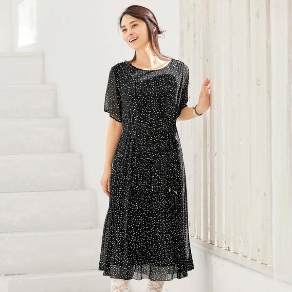 18 Off ドットプリーツワンピース 共布リボンベルト付 夏 春 レディース ワンピース 服 シニアファッション ミセスファッション 70代 60代 50代 40代 ワンピース 色 ブラック