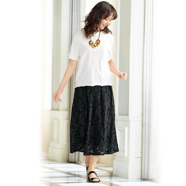 おしゃれ ボトム スカート レディース 春 夏 レースタックフレアースカート シニアファッション 服 最安値 70代 ミセスファッション 40代 60代 50代