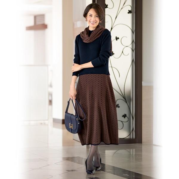 ワンピース レディース 春 ストール付ニットワンピース 40代 50代 60代 70代 ミセスファッション シニアファッション 服 京都通販 ミセスのファッション館 通販 Yahoo ショッピング