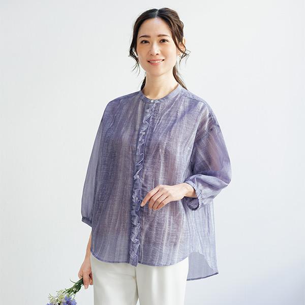 ブラウス シャツ レディース おしゃれ 春夏 ミセス シニア ファッション 40代 50代 60代 70代 ムラ染風フリルデザインブラウス