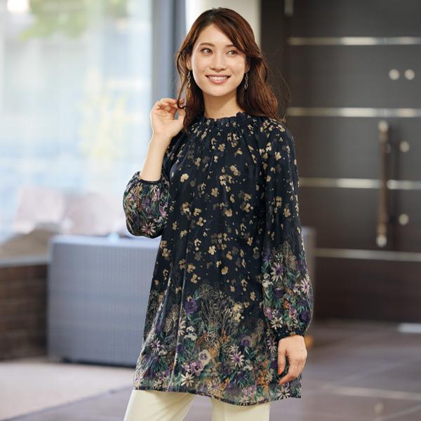 チュニック 大人可愛い おしゃれ 春 秋冬 ミセス シニア ファッション 40代 50代 60代 70代 パネルプリント重ねチュニック