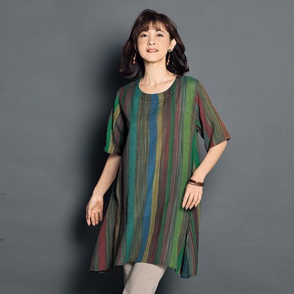 ブラウス トップス レディース 春 夏 ストライプかすりゆったりブラウス 50代 60代 70代 80代 ミセスファッション シニアファッション 婦人 服 京都通販 ミセスのファッション館 通販 Yahoo ショッピング