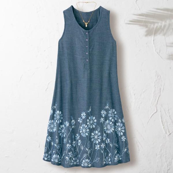 ワンピース ナチュラル レディース 春夏 綿シャンブレー裾刺しゅうワンピース 50代 60代 70代 80代 ミセスファッション シニアファッション 婦人 服 刺繍 京都通販 ミセスのファッション館 通販 Yahoo ショッピング