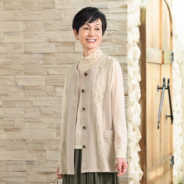 ベスト トップス レディース 秋 冬 レース切替デザインベスト 50代 60代 70代 80代 ミセスファッション シニアファッション 婦人 服 京都通販 ミセスのファッション館 通販 Yahoo ショッピング