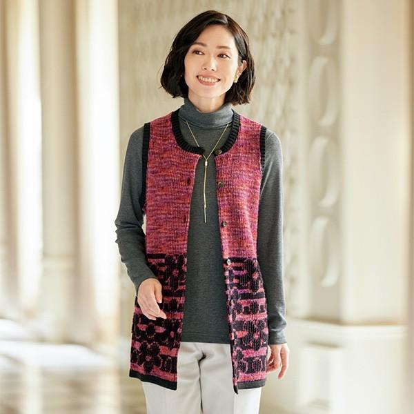 ベスト トップス レディース 春 秋冬 かすり花柄ジャカード ニットベスト 50代 60代 70代 80代 ミセスファッション シニアファッション 服 京都通販 ミセスのファッション館 通販 Yahoo ショッピング