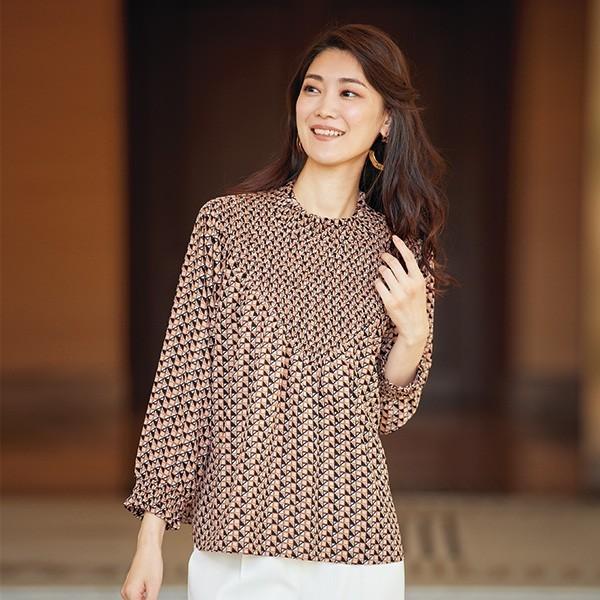 ブラウス トップス レディース 春 秋冬 シャーリング切替 プリントブラウス 50代 60代 70代 80代 ミセスファッション シニアファッション 服 京都通販 ミセスのファッション館 通販 Yahoo ショッピング