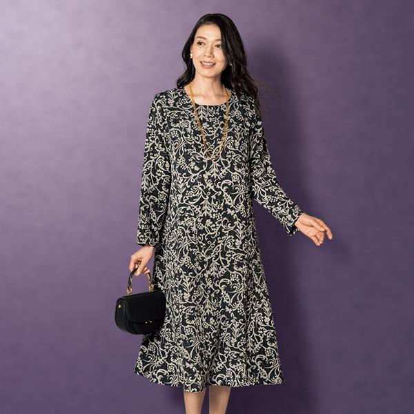 ワンピース トップス レディース 春 秋冬 ニットちりめん プリントロングワンピース 50代 60代 70代 80代 ミセスファッション シニアファッション 服 京都通販 ミセスのファッション館 通販 Yahoo ショッピング