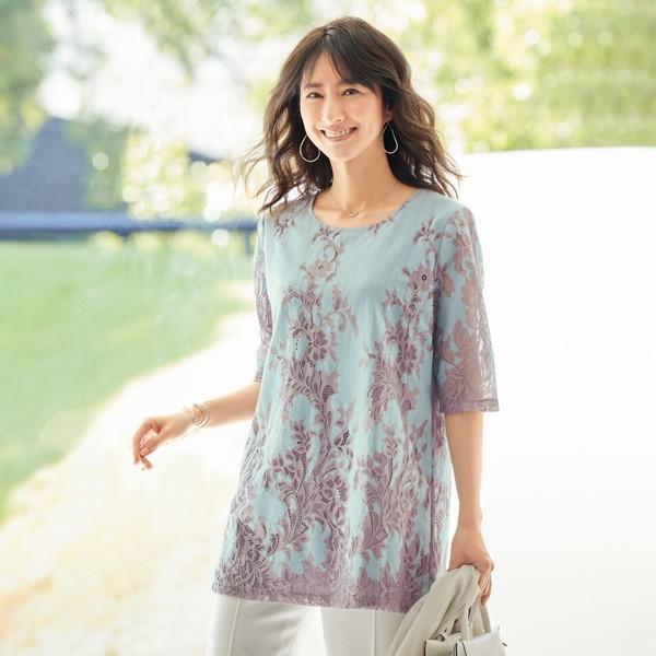 おしゃれ レース ブラウス レディース 春 夏 配色レースオーバーブラウス 50代 60代 70代 80代 ミセス シニア ファッション 服 216 京都通販 ミセスのファッション館 通販 Yahoo ショッピング