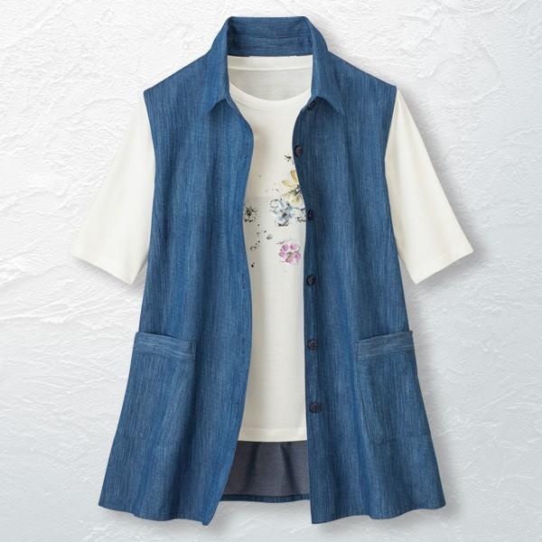 ベスト トップス レディース 春夏 デニム調プリントベスト 50代 60代 70代 80代 ミセスファッション シニアファッション 服 京都通販 ミセスのファッション館 通販 Yahoo ショッピング