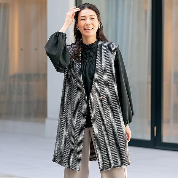 ベスト トップス レディース 春 ヘリンボーン柄ロングベスト 50代 60代 70代 80代 ミセスファッション シニアファッション 婦人 服 京都通販 ミセスのファッション館 通販 Yahoo ショッピング