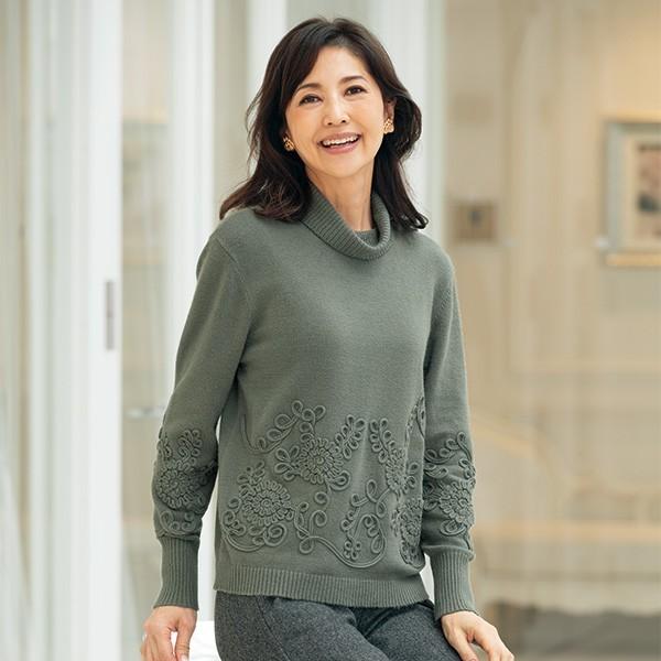 魅了 60代 50代 コード刺しゅう使いニットプルオーバー 春 レディース トップス プルオーバー 70代 シニアファッション ミセスファッション 80代 長袖 色 グリーン