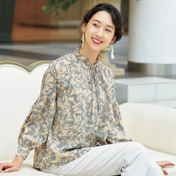おしゃれ フリル ブラウス レディース 春 襟フリルリボン使いプリントブラウス 50代 60代 70代 80代 ミセスファッション シニア ファッション 服 京都通販 ミセスのファッション館 通販 Yahoo ショッピング