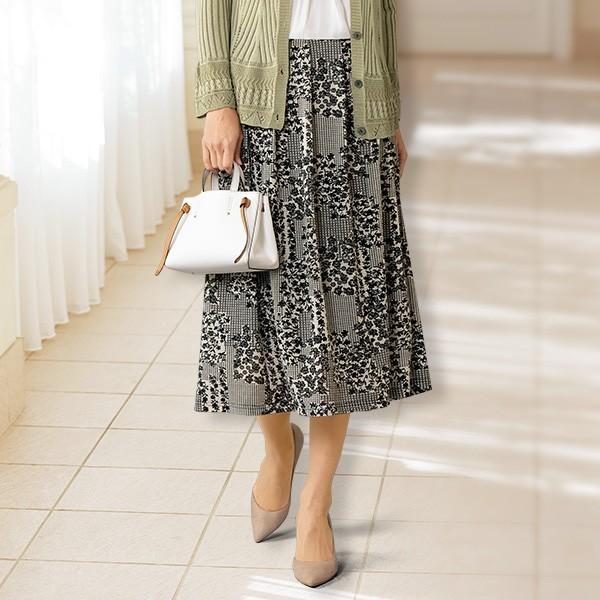 おしゃれ ボトム レディース モノトーンプリントスカート 50代 60代 70代 80代 ミセス シニア ファッション 母の日 敬老の日 ギフト 実用的 京都通販 ミセスのファッション館 通販 Yahoo ショッピング
