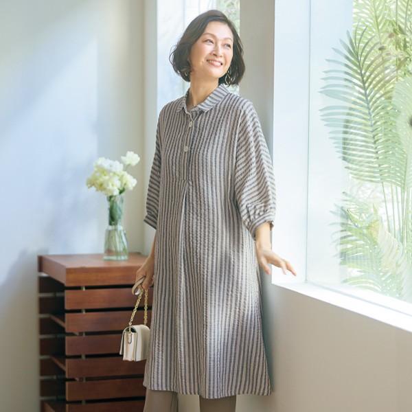 ワンピース きれいめ レディース おしゃれ 春夏 ミセス シニア ファッション 40代 50代 60代 70代 80代 ストライプチュニックワンピース