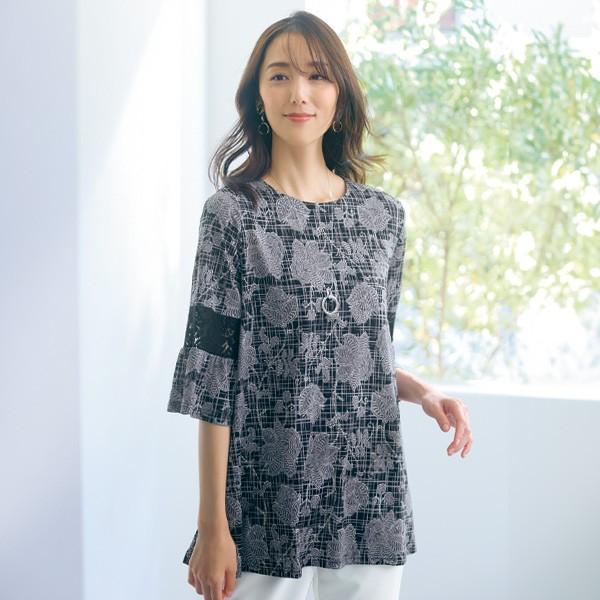 チュニック 大人可愛い おしゃれ 春夏 ミセス シニア ファッション 40代 50代 60代 70代 80代 ボタニカルプリント袖レース切替えチュニック